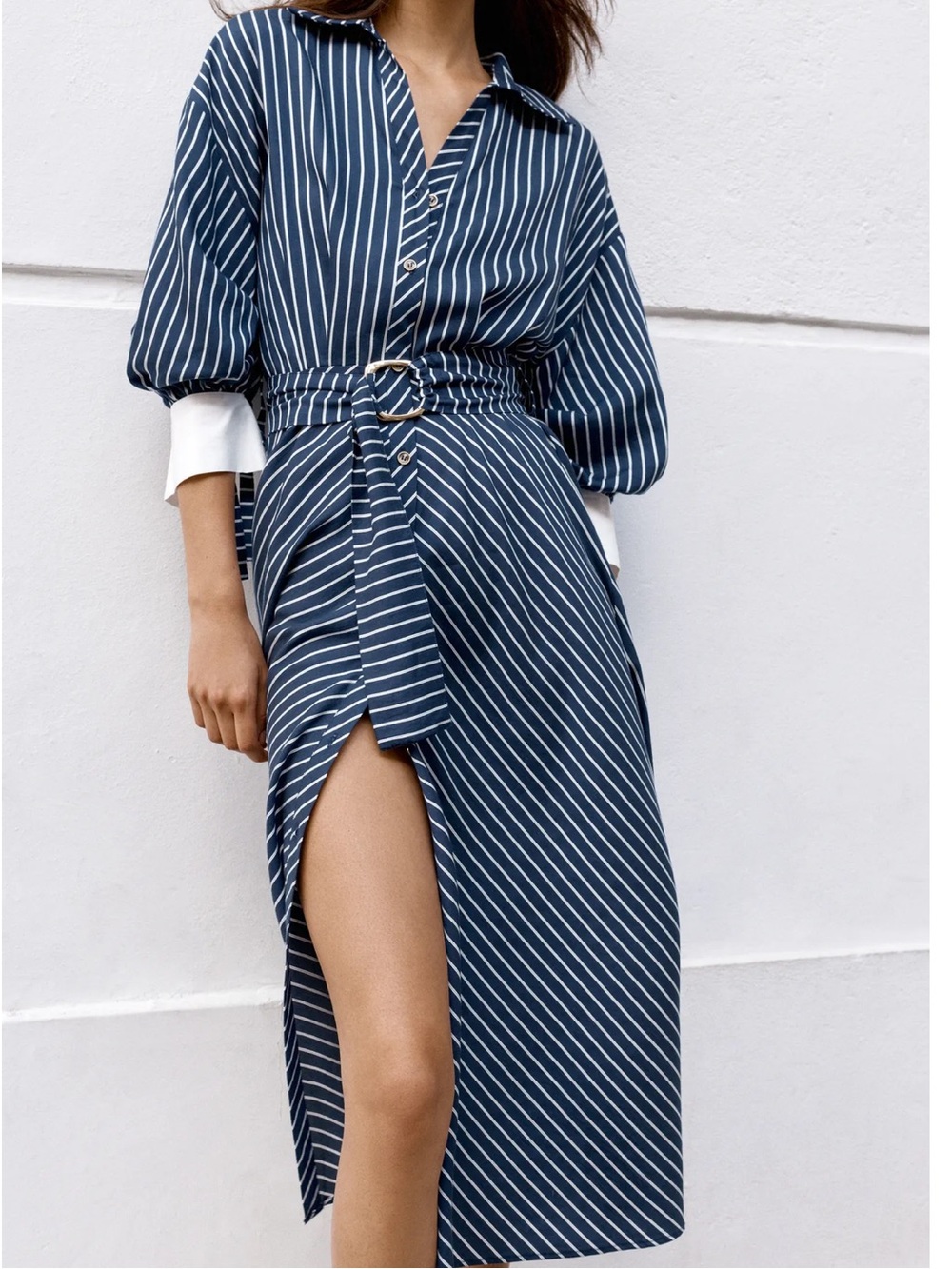 Zara Navy and White Striped Midi Shirt Dress with Belt - Picture 2 of 12